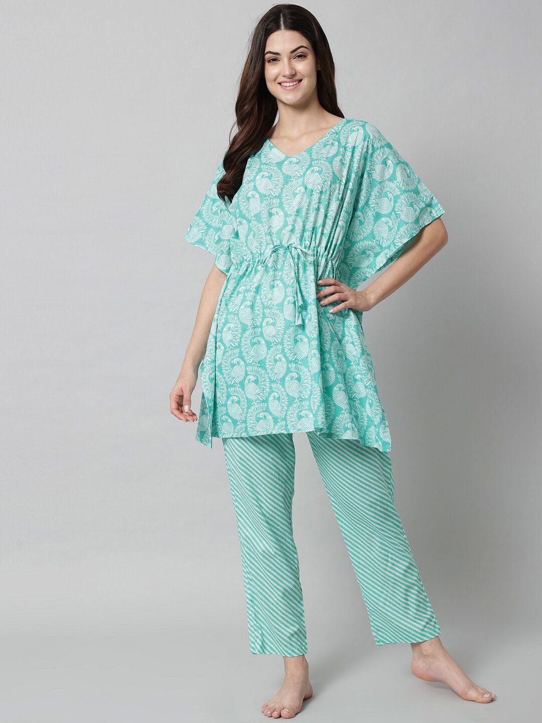 sephani women sea green & white printed night suit