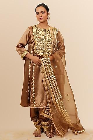 sepia brown mashru silk gota & sequins hand embroidered kurta set