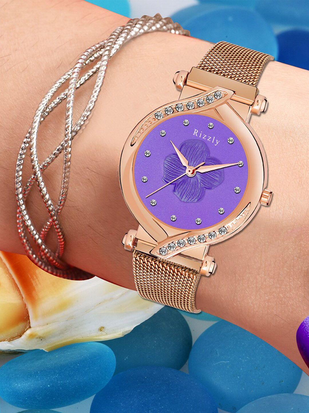 septem women purple embellished dial & rose gold toned stainless steel bracelet style straps analogue watch