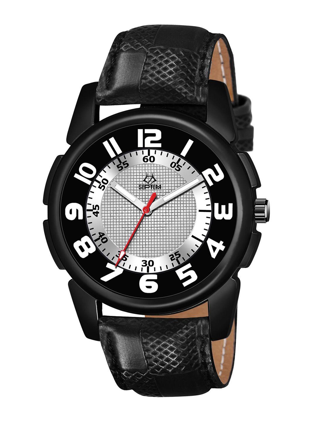 septem men black dial & black leather straps analogue watch