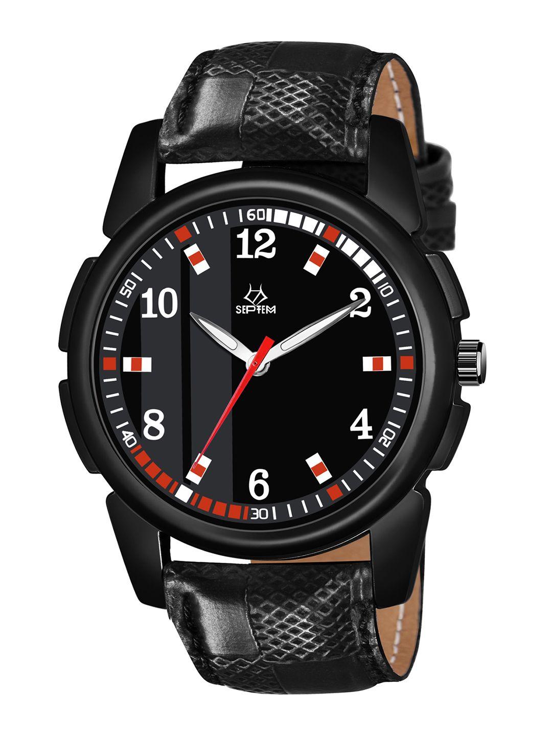 septem men black printed dial & black leather straps analogue watch