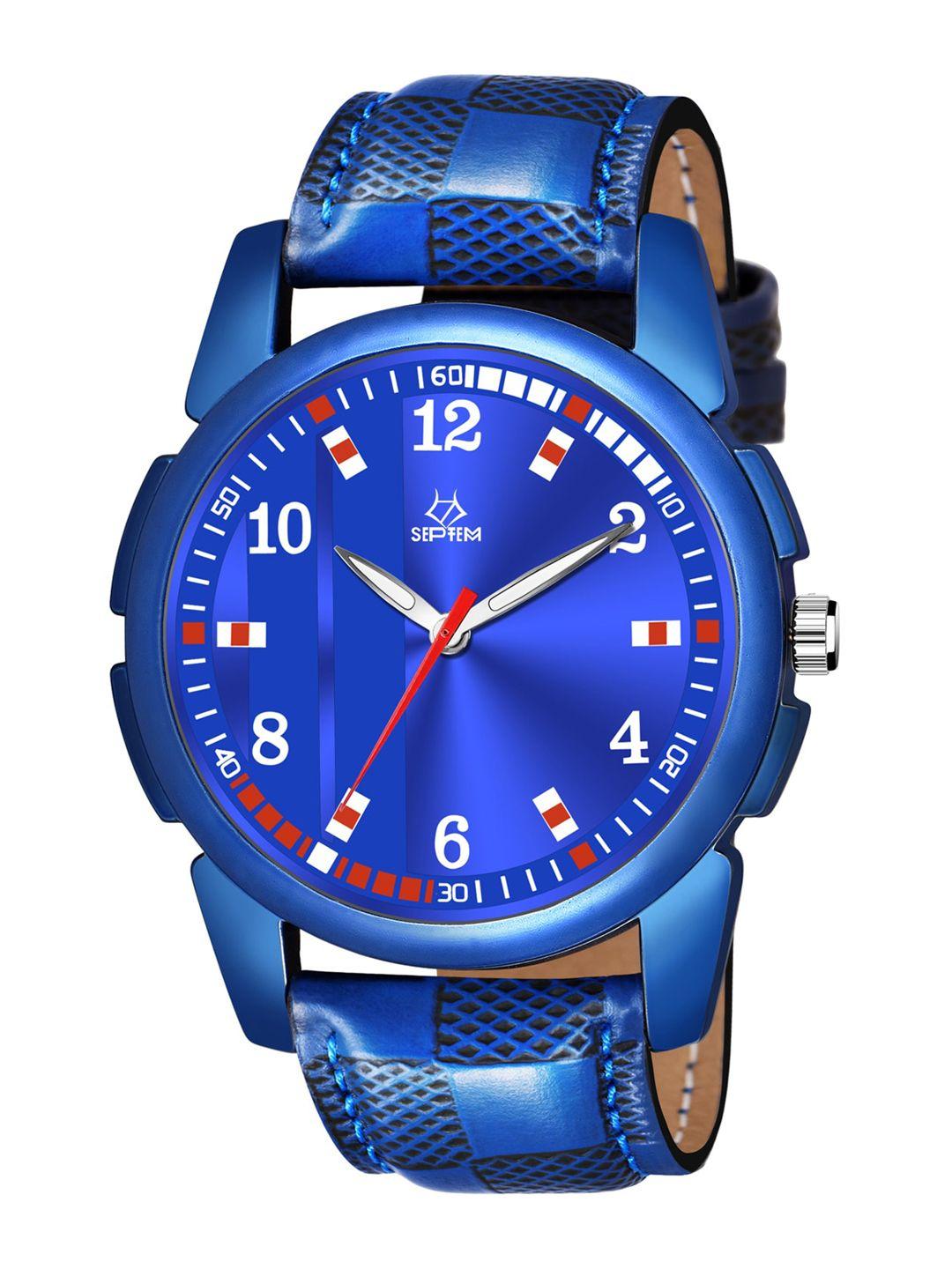 septem men blue dial & blue leather straps analogue watch