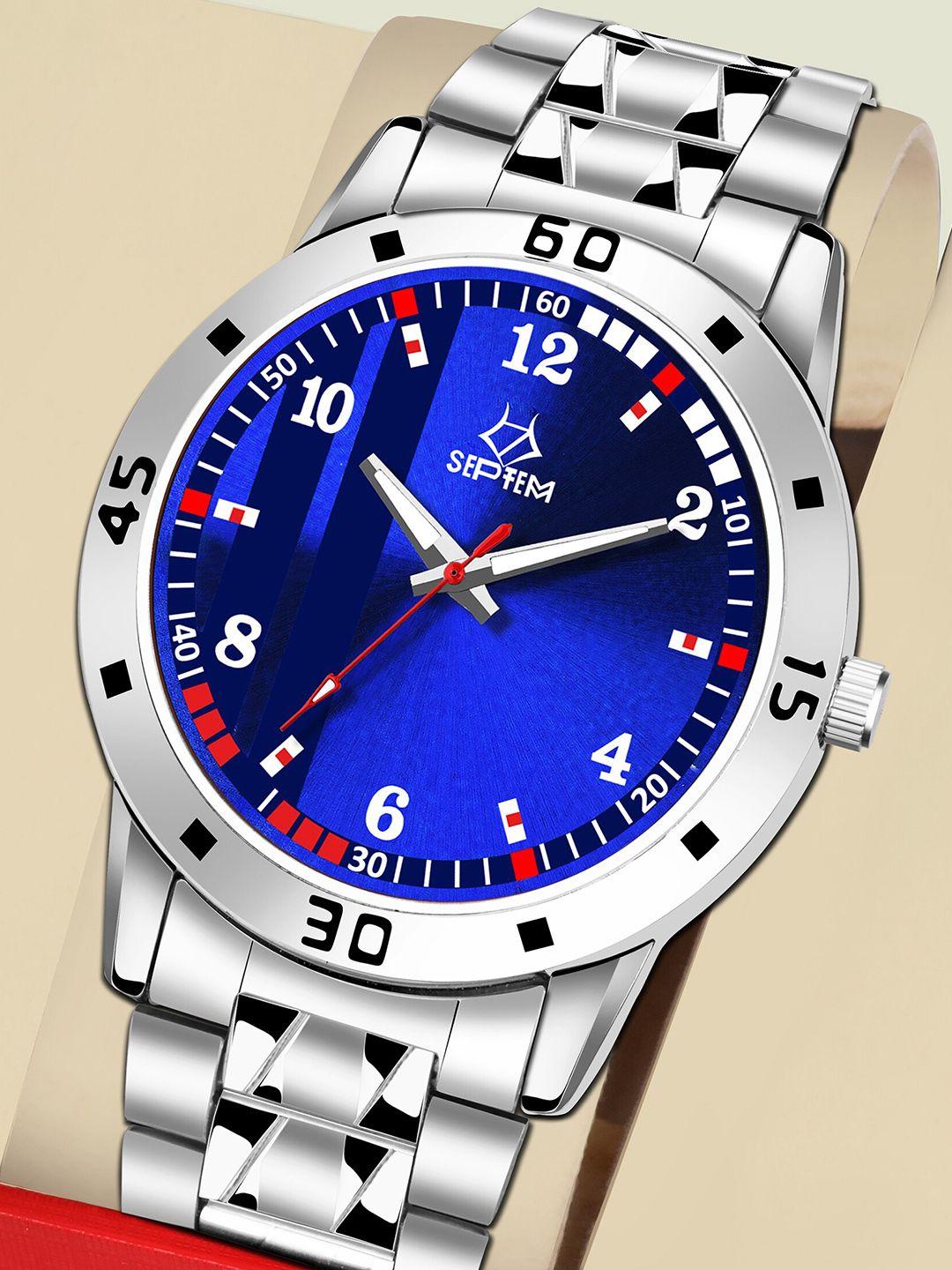 septem men blue printed dial & silver toned stainless steel bracelet style straps analogue watch