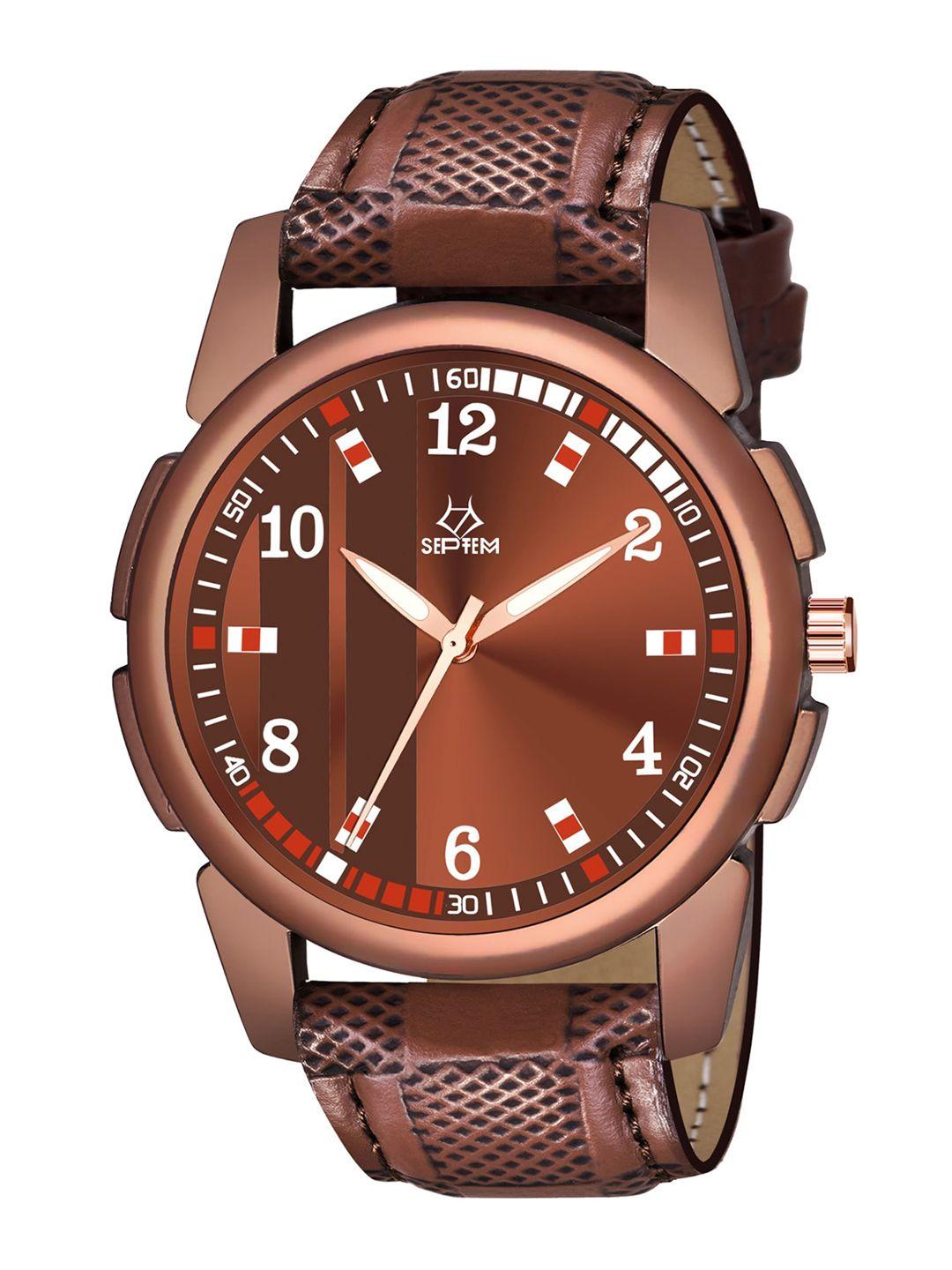 septem men brown printed dial & brown leather straps analogue watch