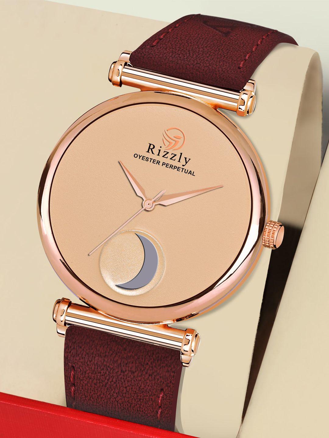 septem men rose gold-toned embellished dial & red leather straps analogue watch