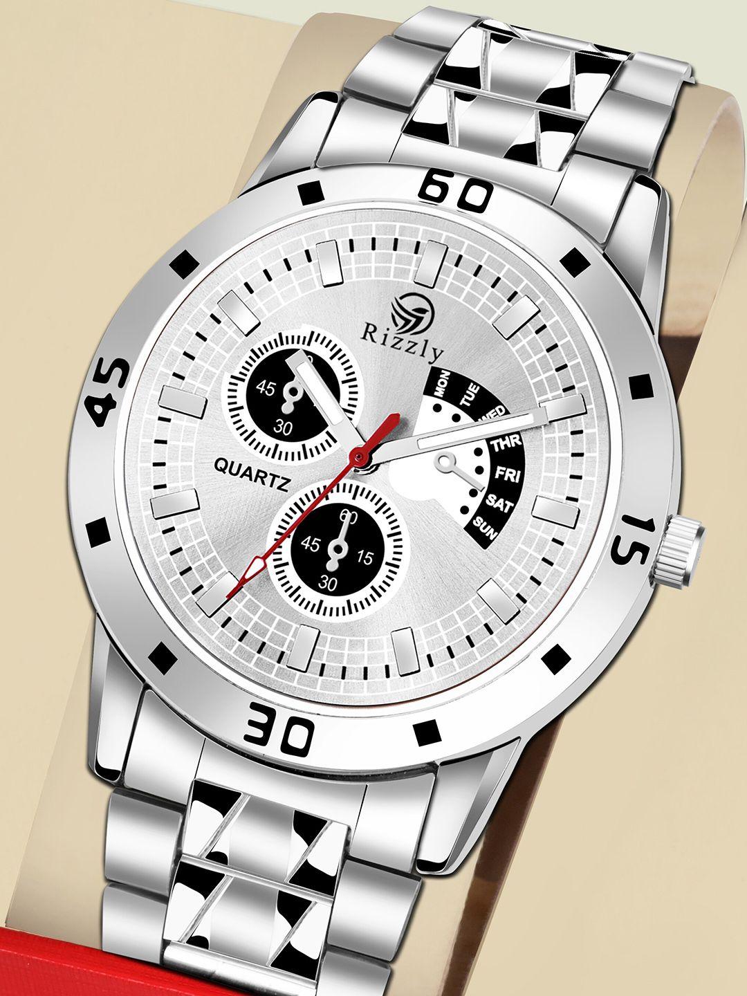 septem men silver-toned embellished dial & silver toned stainless steel bracelet style straps analogue multi watch