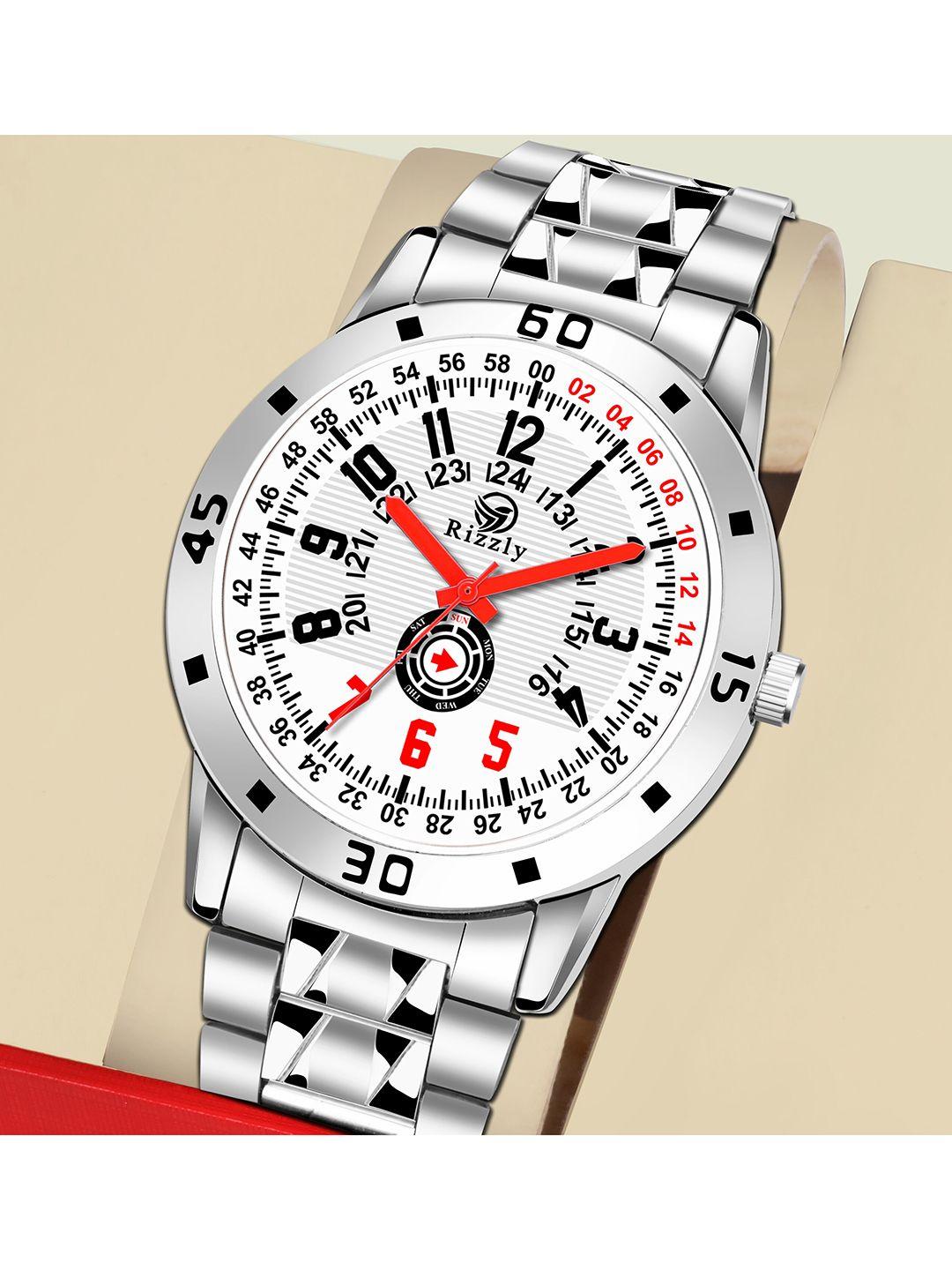 septem men white printed dial & silver toned stainless steel bracelet style straps analogue watch