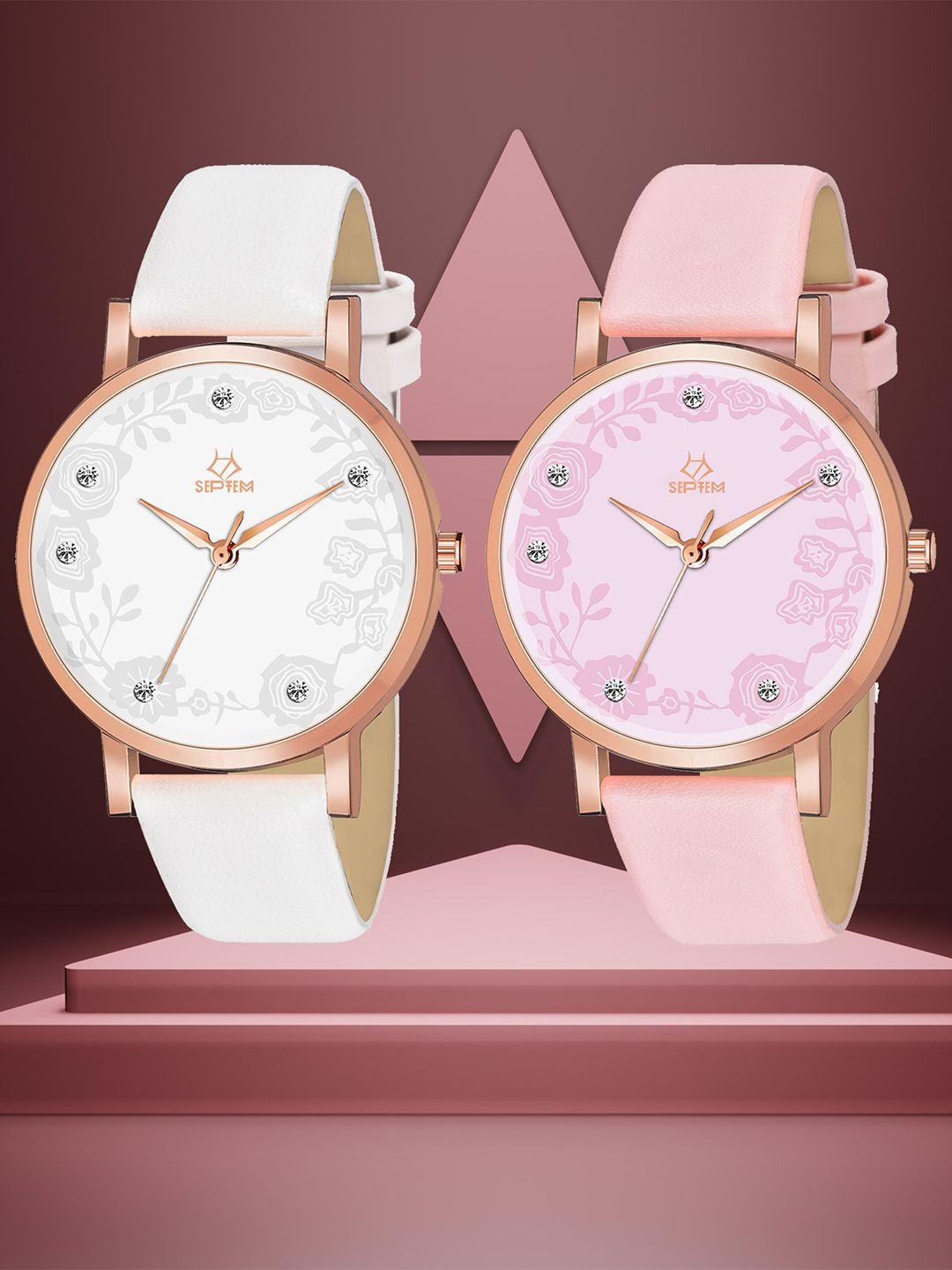 septem pack of 2 women leather straps analogue watch sp-146.white-pink-septem