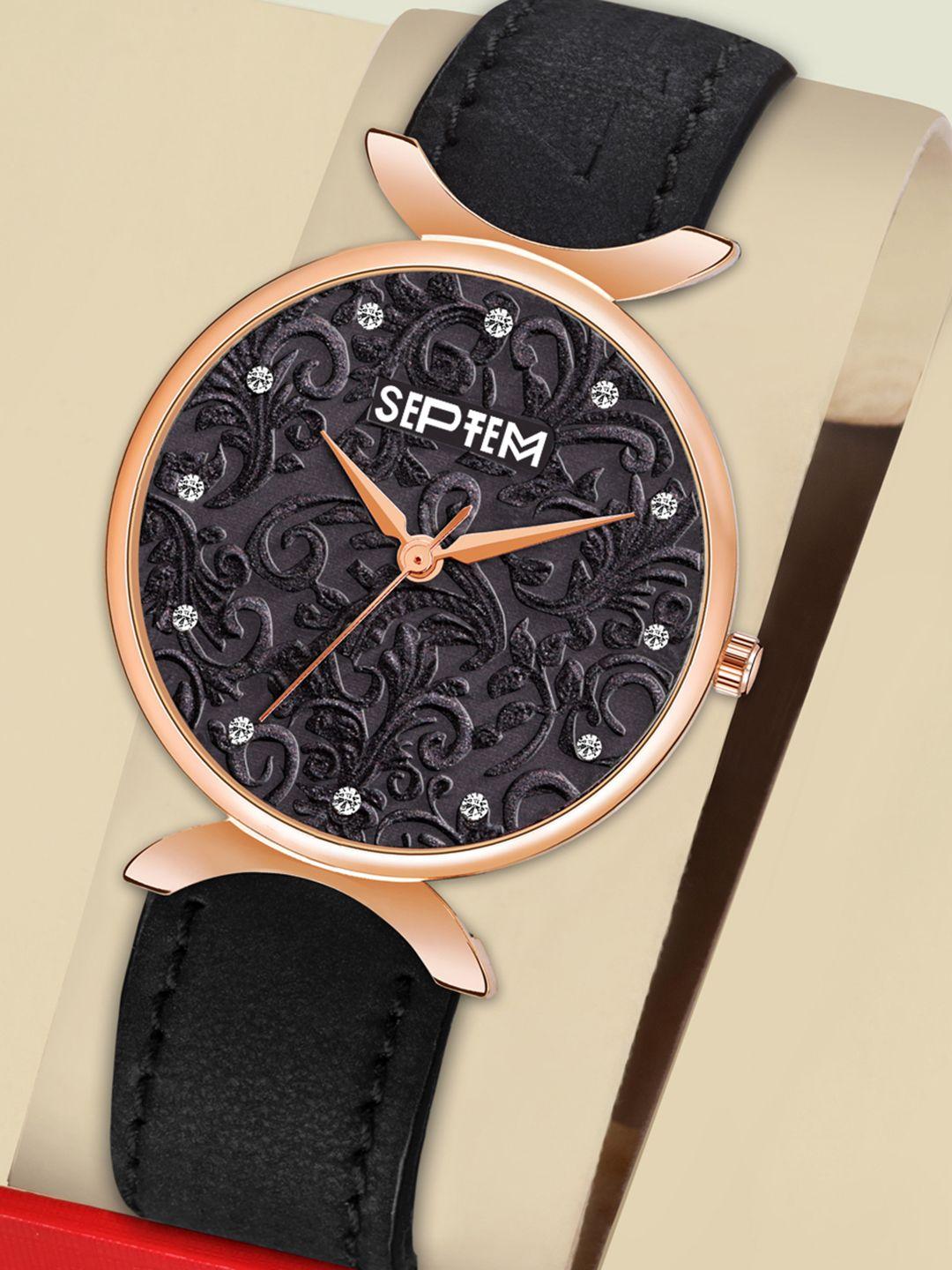 septem women black dial & black leather straps analogue watch