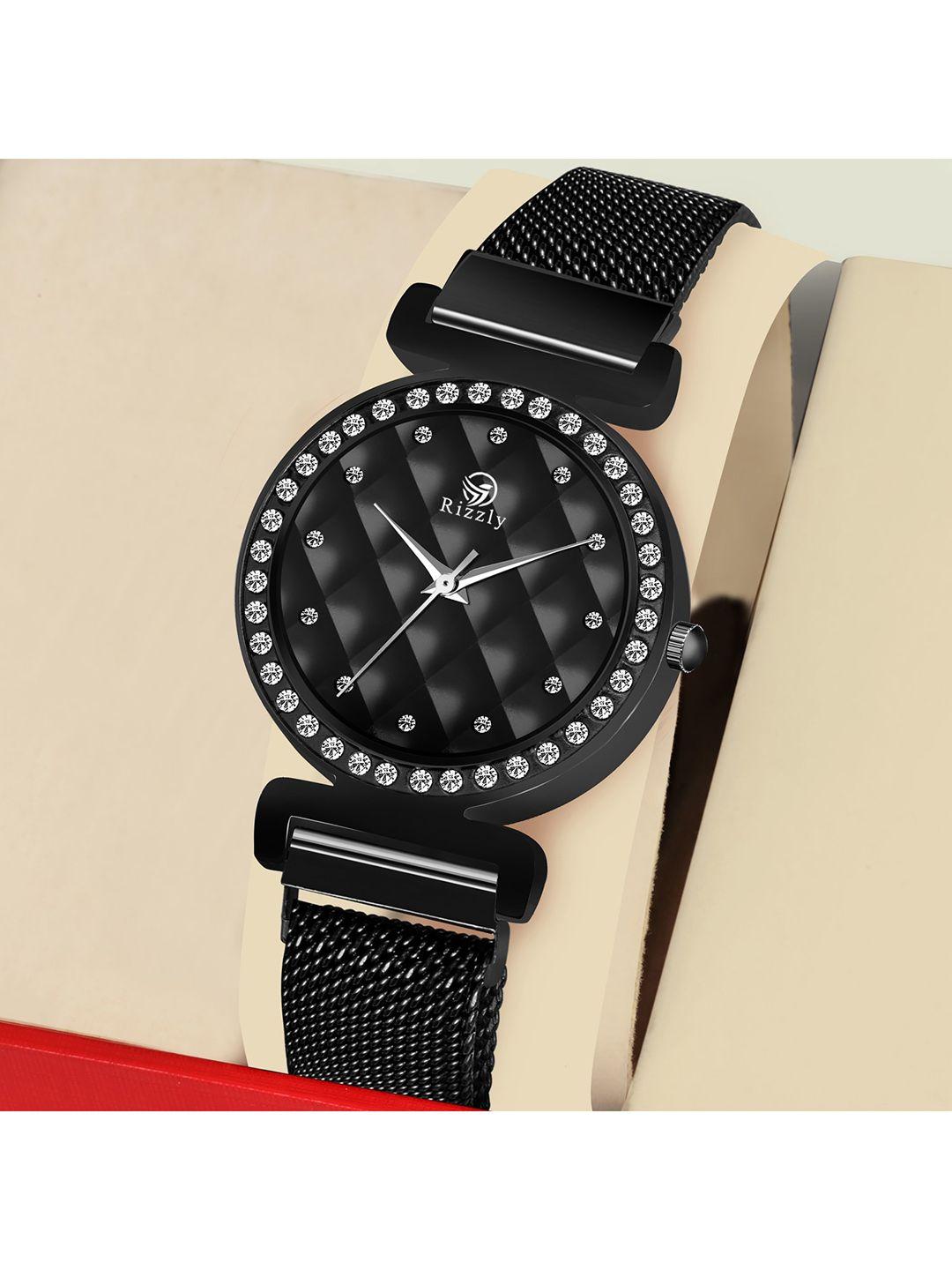 septem women black embellished dial & black stainless steel bracelet style straps analogue watch