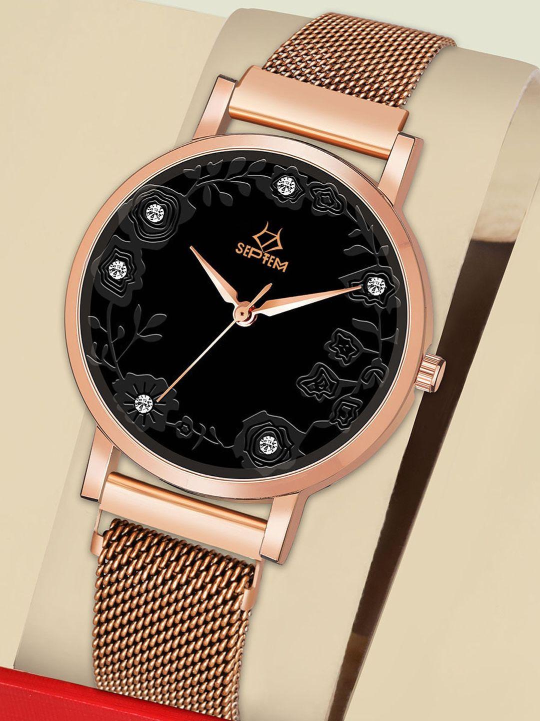 septem women black embellished dial & rose gold toned stainless steel bracelet style straps analogue watch