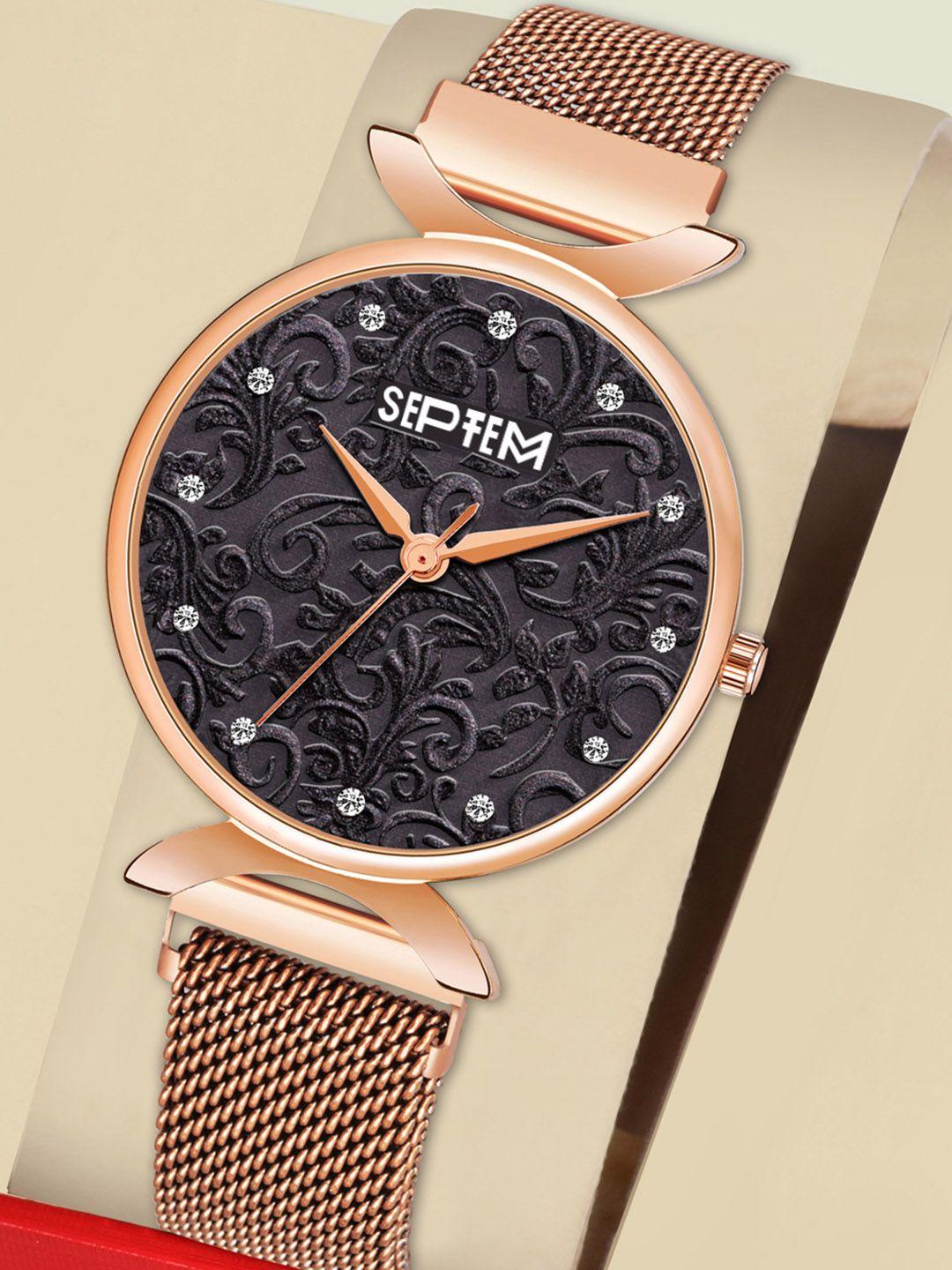 septem women black embellished dial & rose gold toned stainless steel bracelet style straps analogue watch