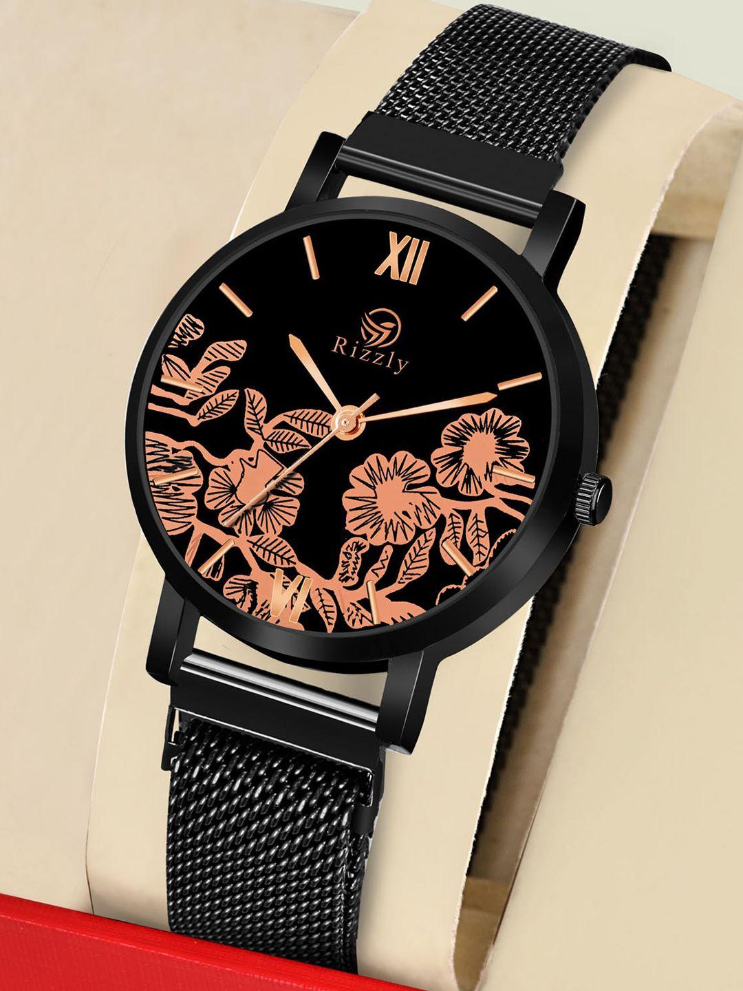 septem women black printed dial & black stainless steel bracelet style straps analogue watch