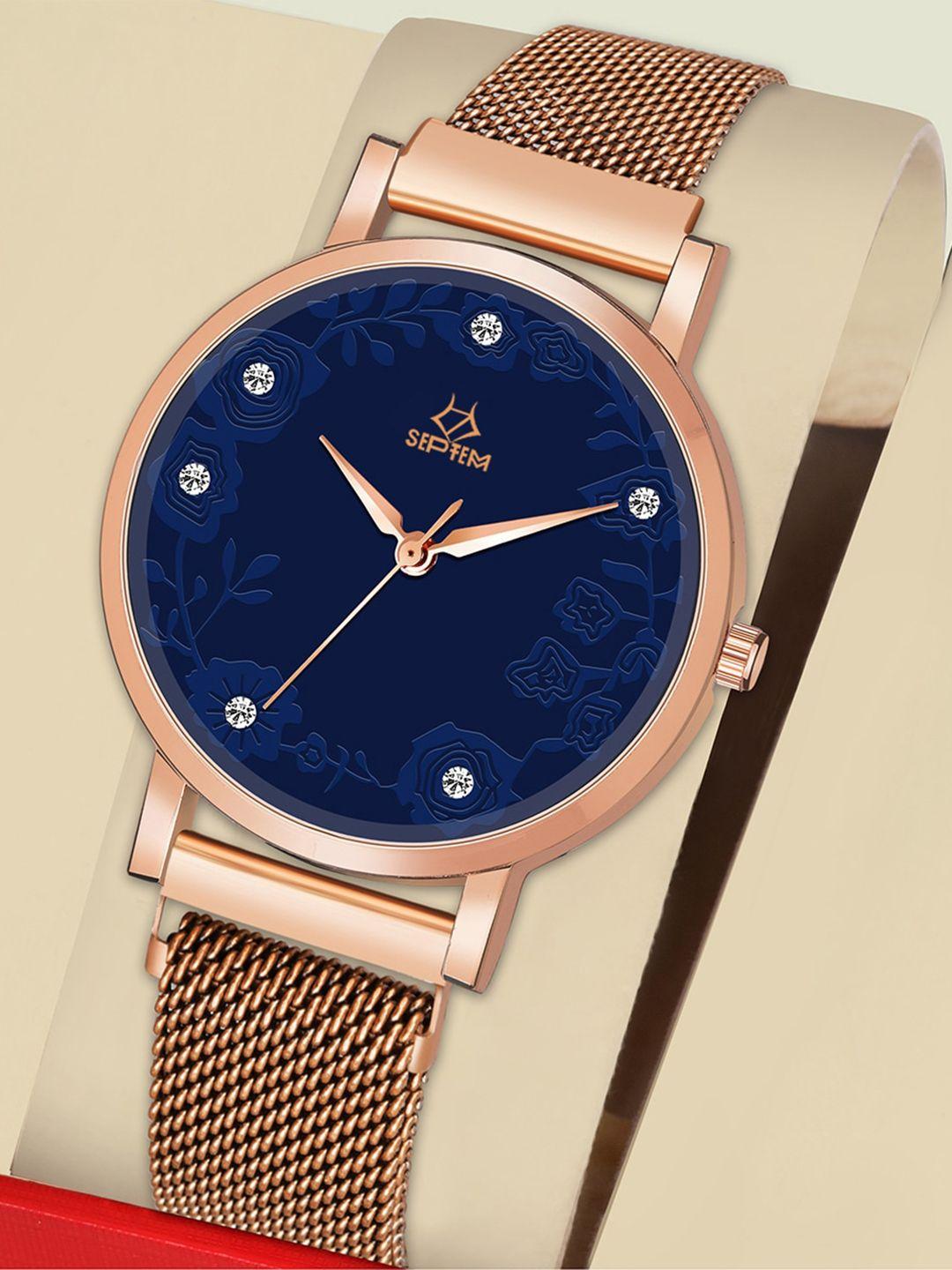 septem women blue dial & rose gold toned bracelet style straps analogue watch sp-147