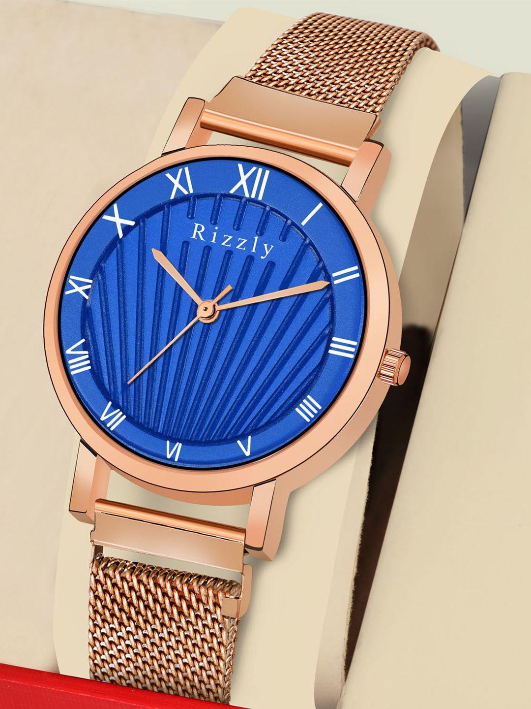 septem women blue dial & rose gold toned stainless steel bracelet style straps analogue watch