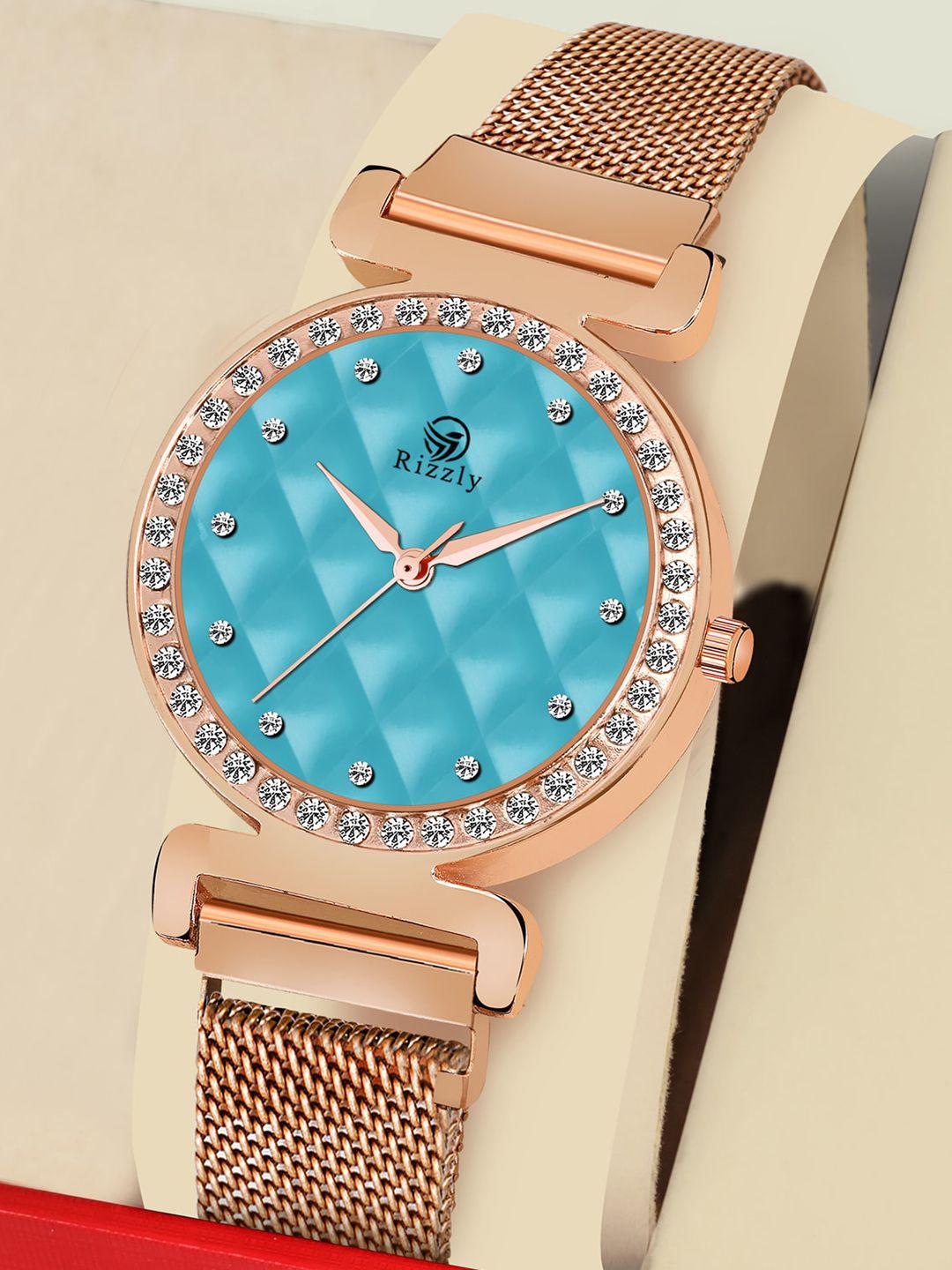 septem women blue dial & rose gold toned stainless steel straps analogue watch