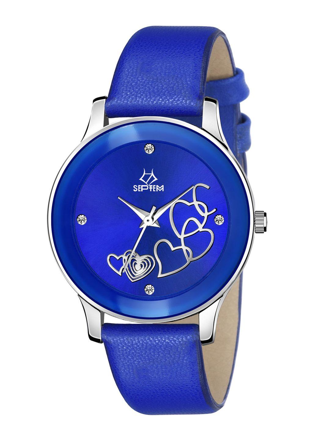 septem women blue embellished dial & blue leather bracelet style straps analogue watch