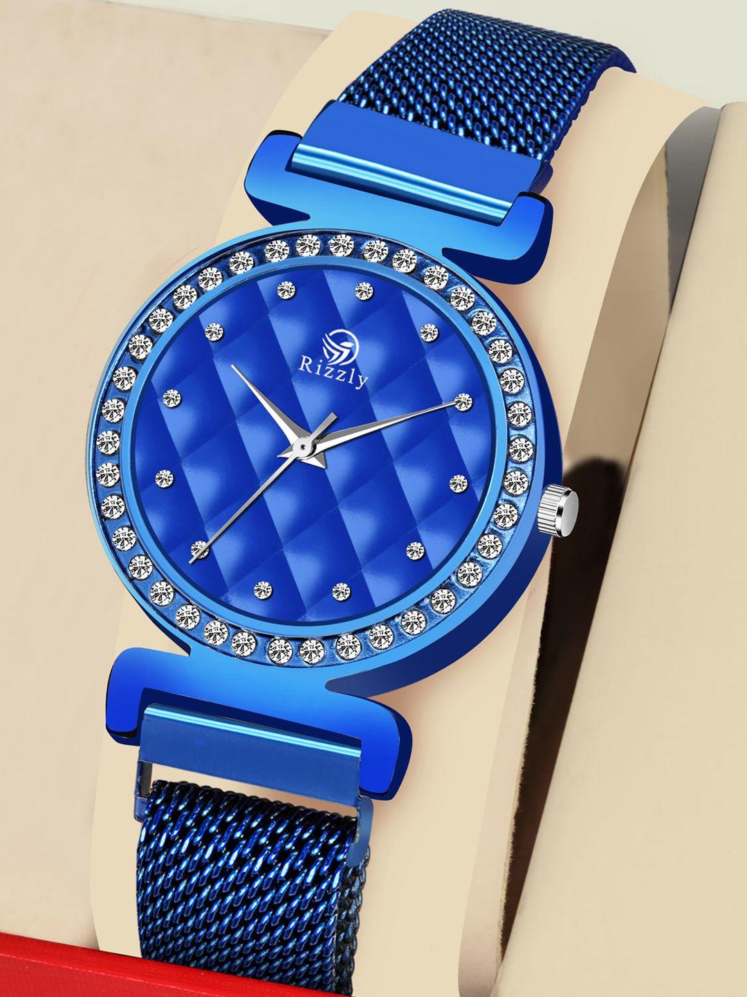 septem women blue embellished dial & blue stainless steel bracelet style straps analogue watch