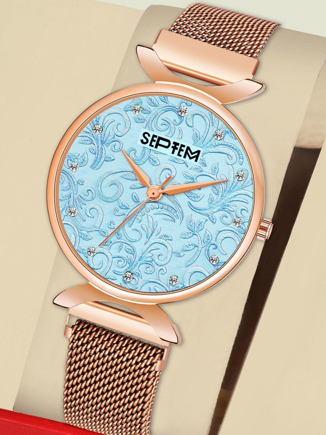 septem women blue embellished dial & rose gold toned stainless steel bracelet style straps analogue watch
