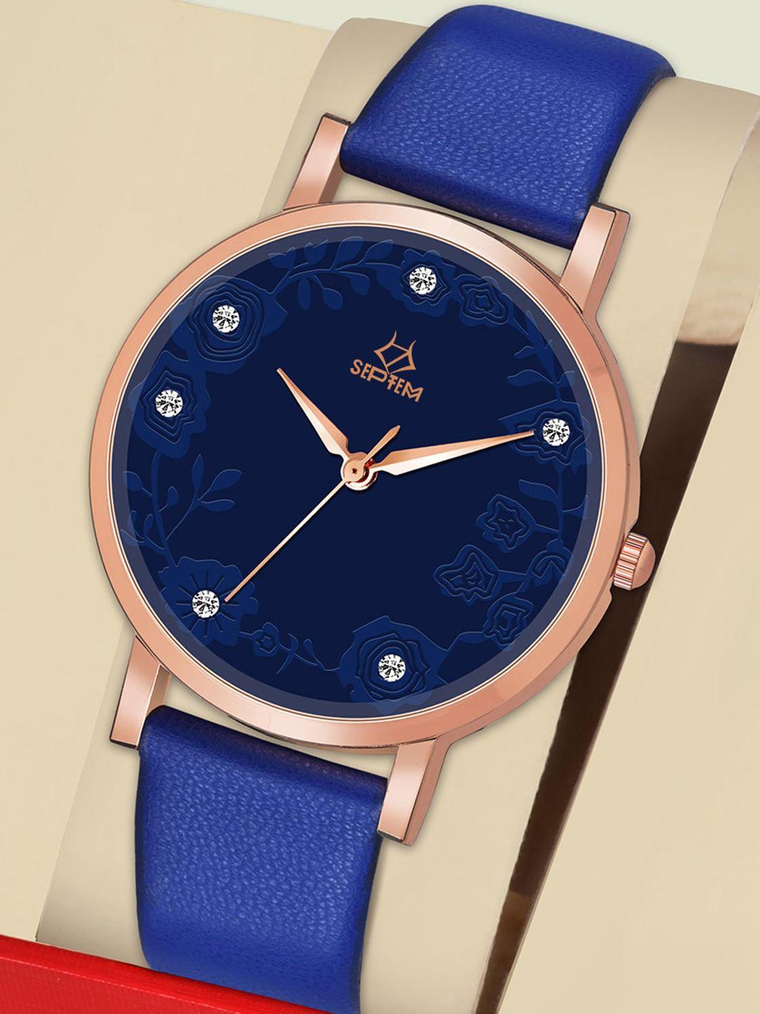 septem women blue printed dial & blue leather straps analogue watch