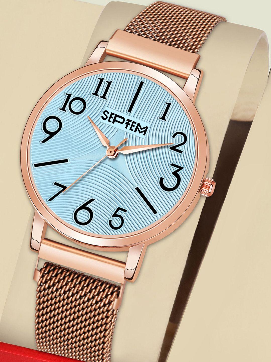 septem women blue printed dial & rose gold toned stainless steel bracelet style straps analogue watch