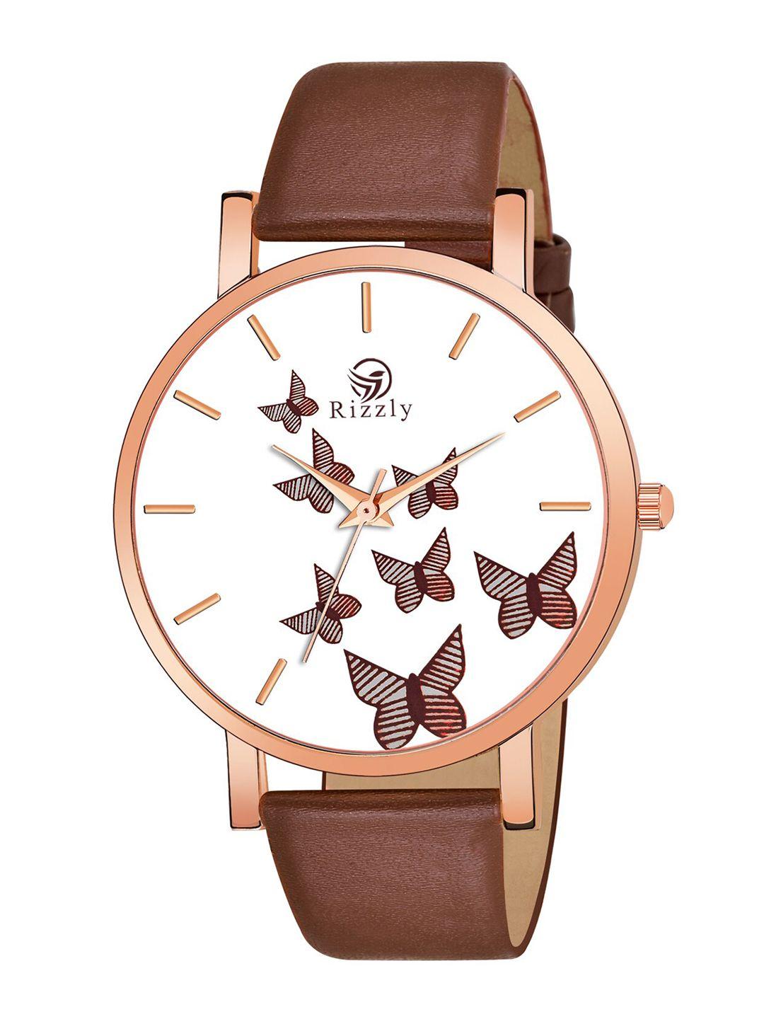 septem women brown butterfly printed dial & brown leather straps analogue watch