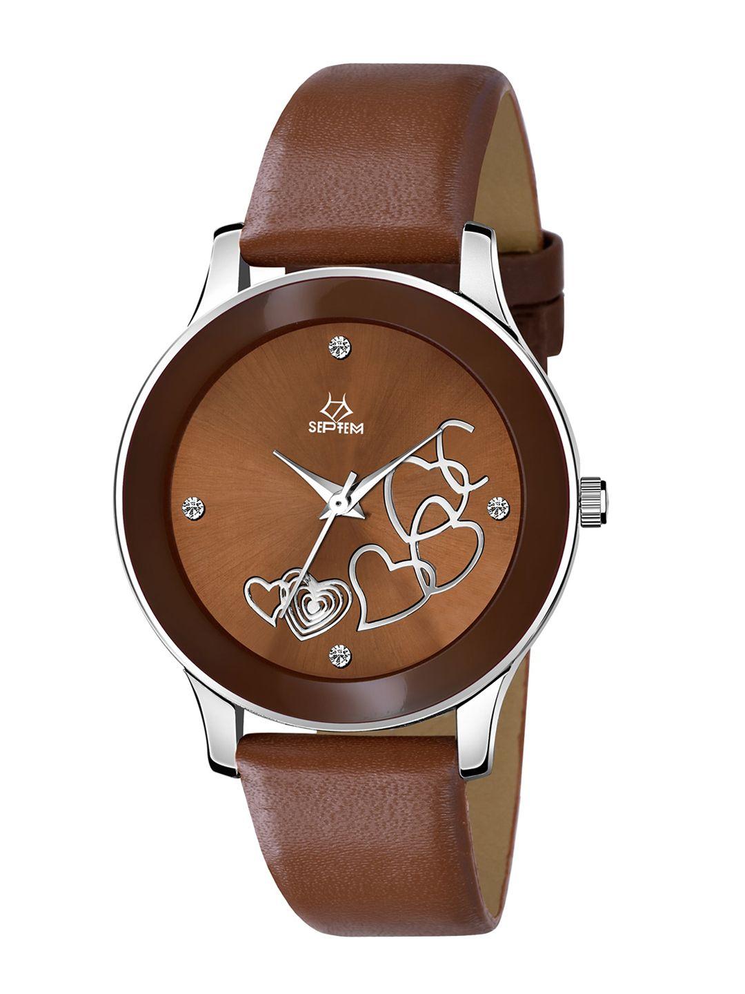 septem women brown embellished dial & brown leather bracelet style straps analogue watch