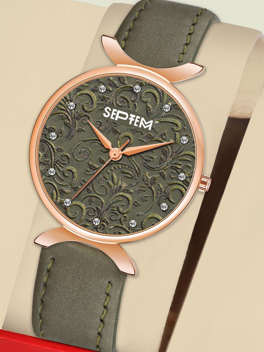 septem women green embellished dial & green leather straps analogue watch