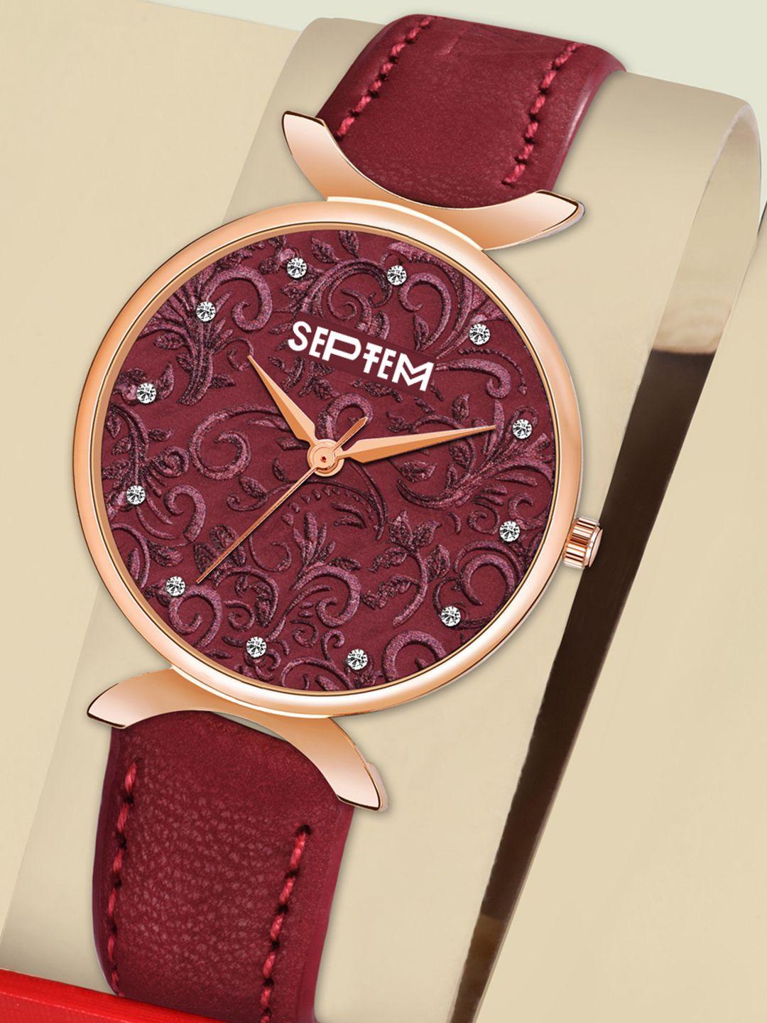 septem women maroon dial & red leather straps analogue watch