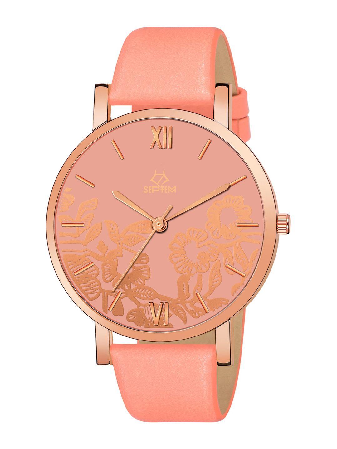 septem women peach-coloured printed dial & orange leather straps analogue watch