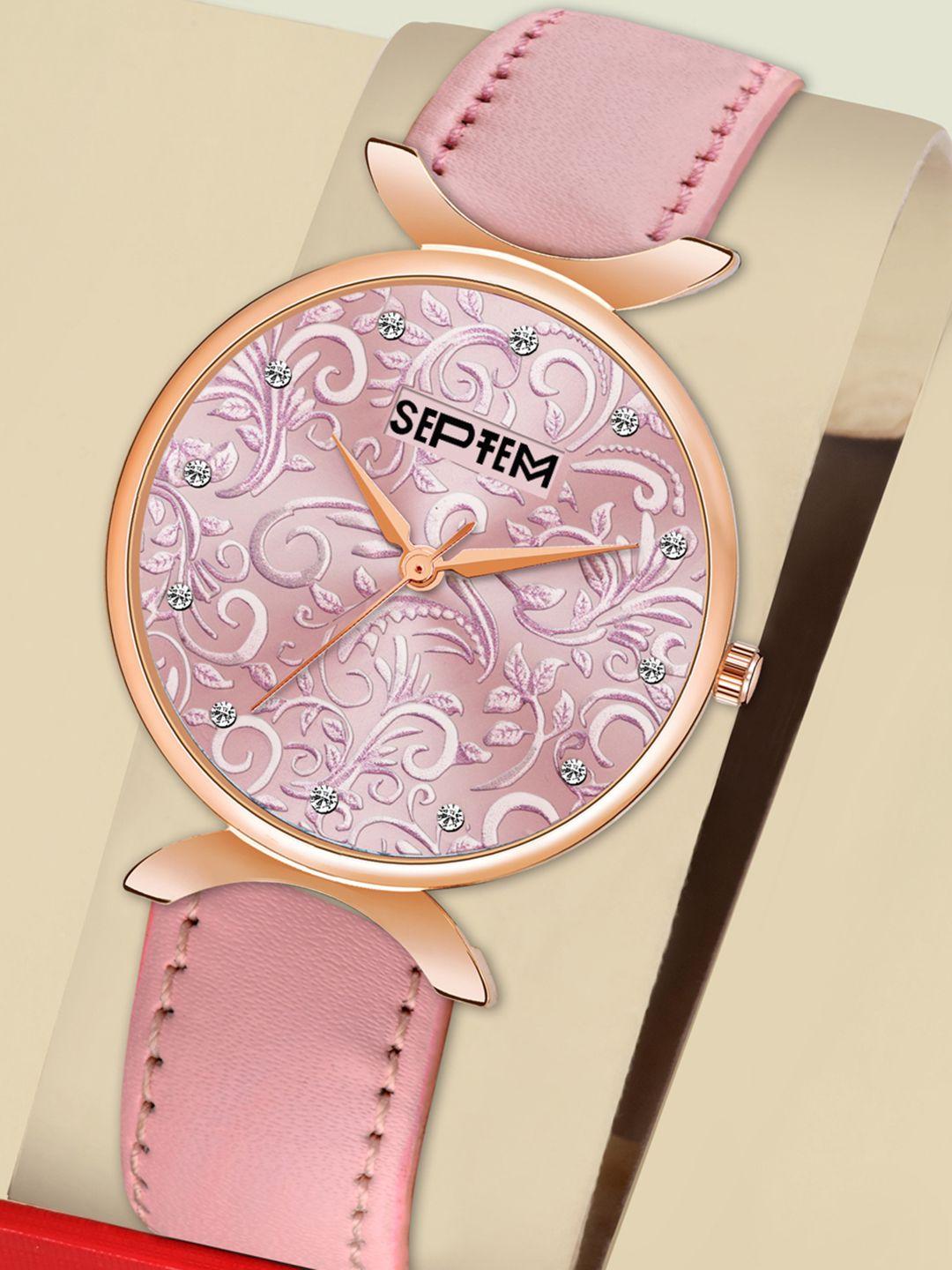 septem women pink dial & pink leather straps analogue watch