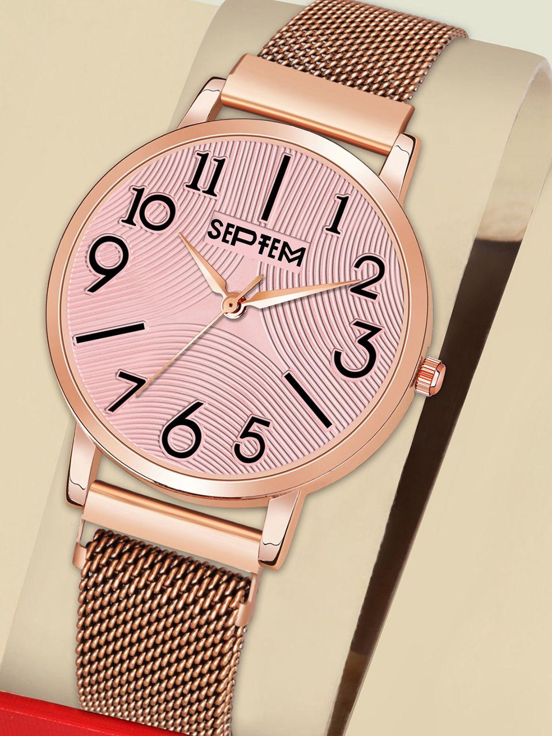 septem women pink dial & rose gold toned stainless steel bracelet style straps analogue watch