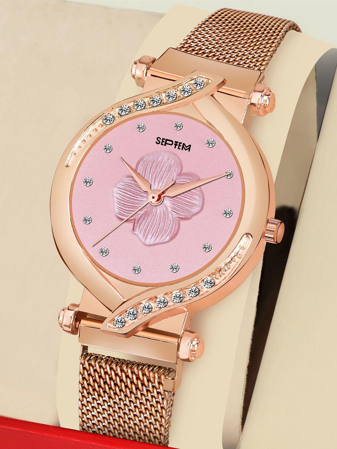 septem women pink embellished dial & rose gold toned stainless steel bracelet style straps analogue watch