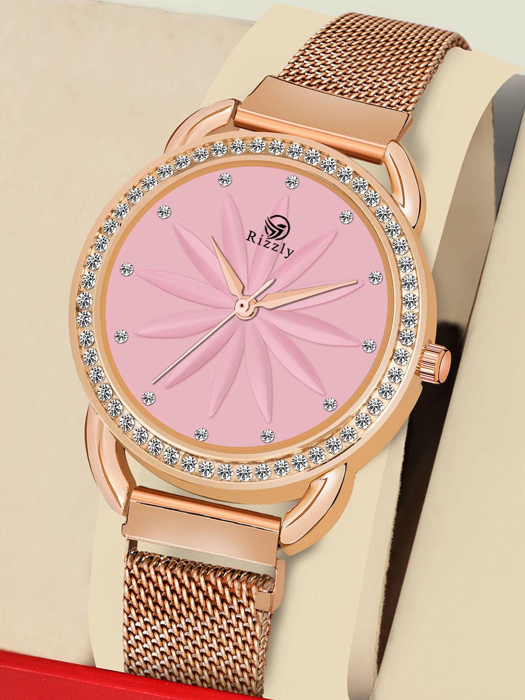 septem women pink patterned dial & rose gold toned stainless steel bracelet style straps analogue watch