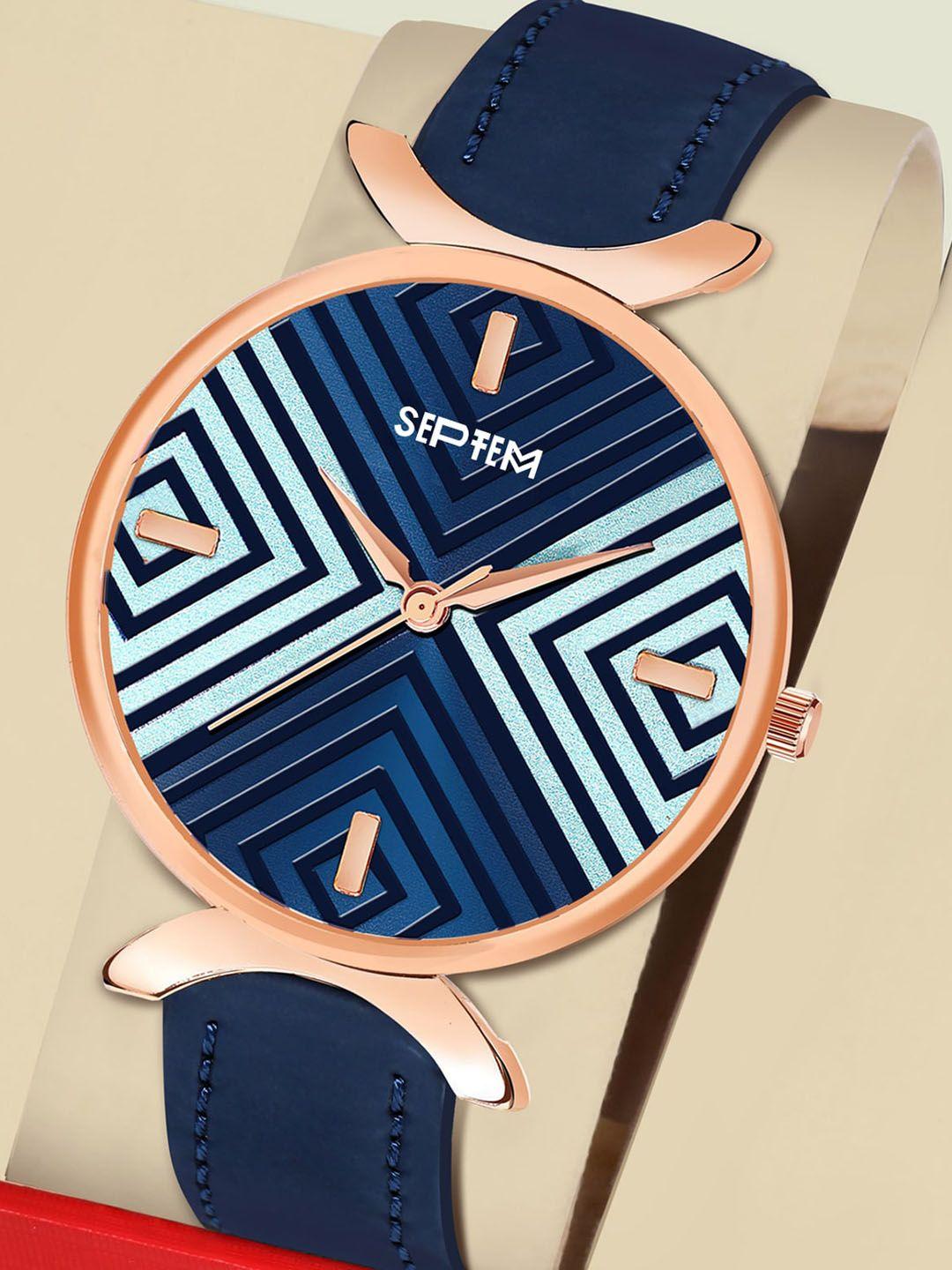 septem women printed dial & leather straps reset time analogue watch sp-157.blue-septem