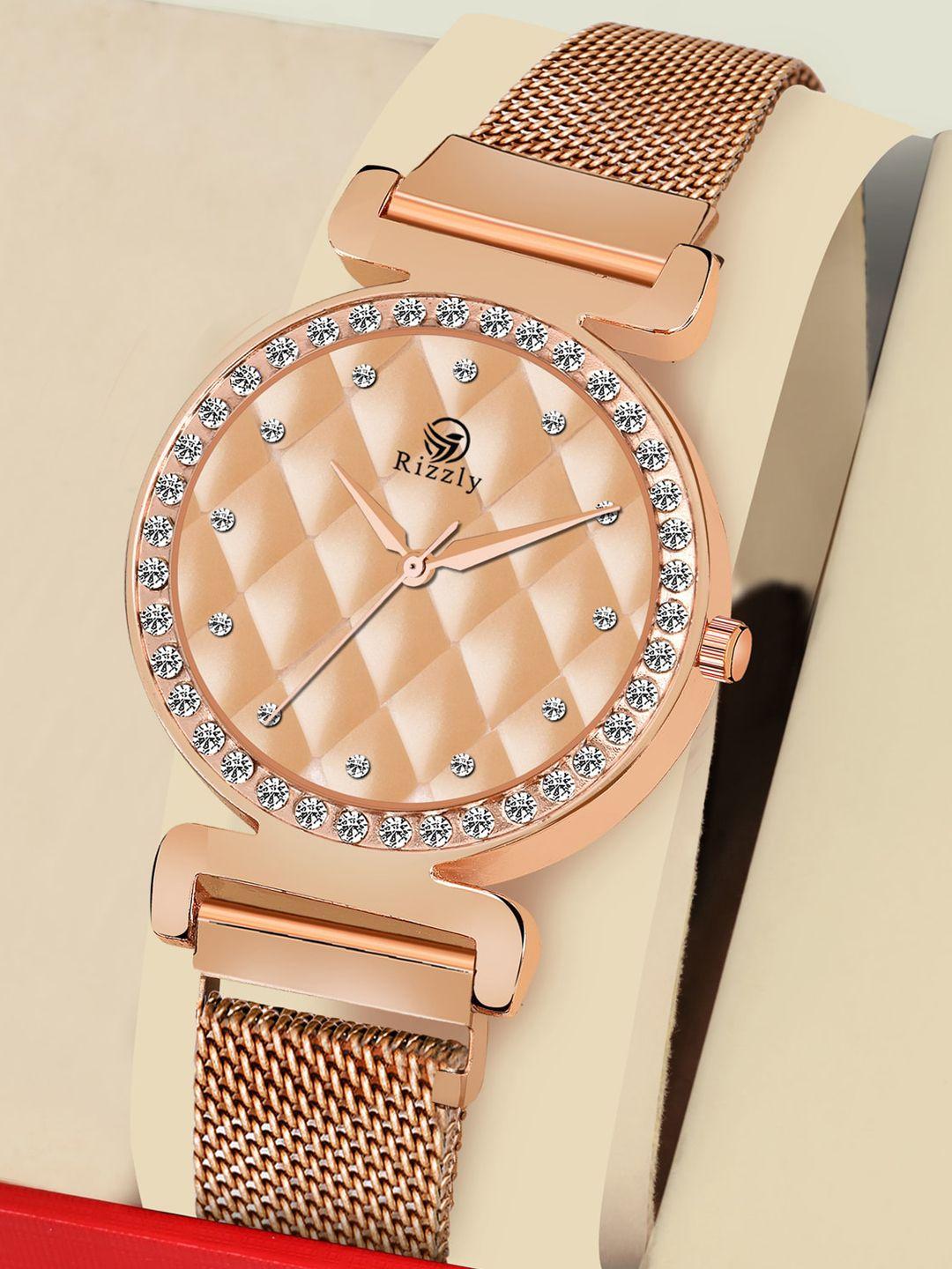 septem women rose gold-toned embellished dial & rose gold toned stainless steel bracelet style straps watch