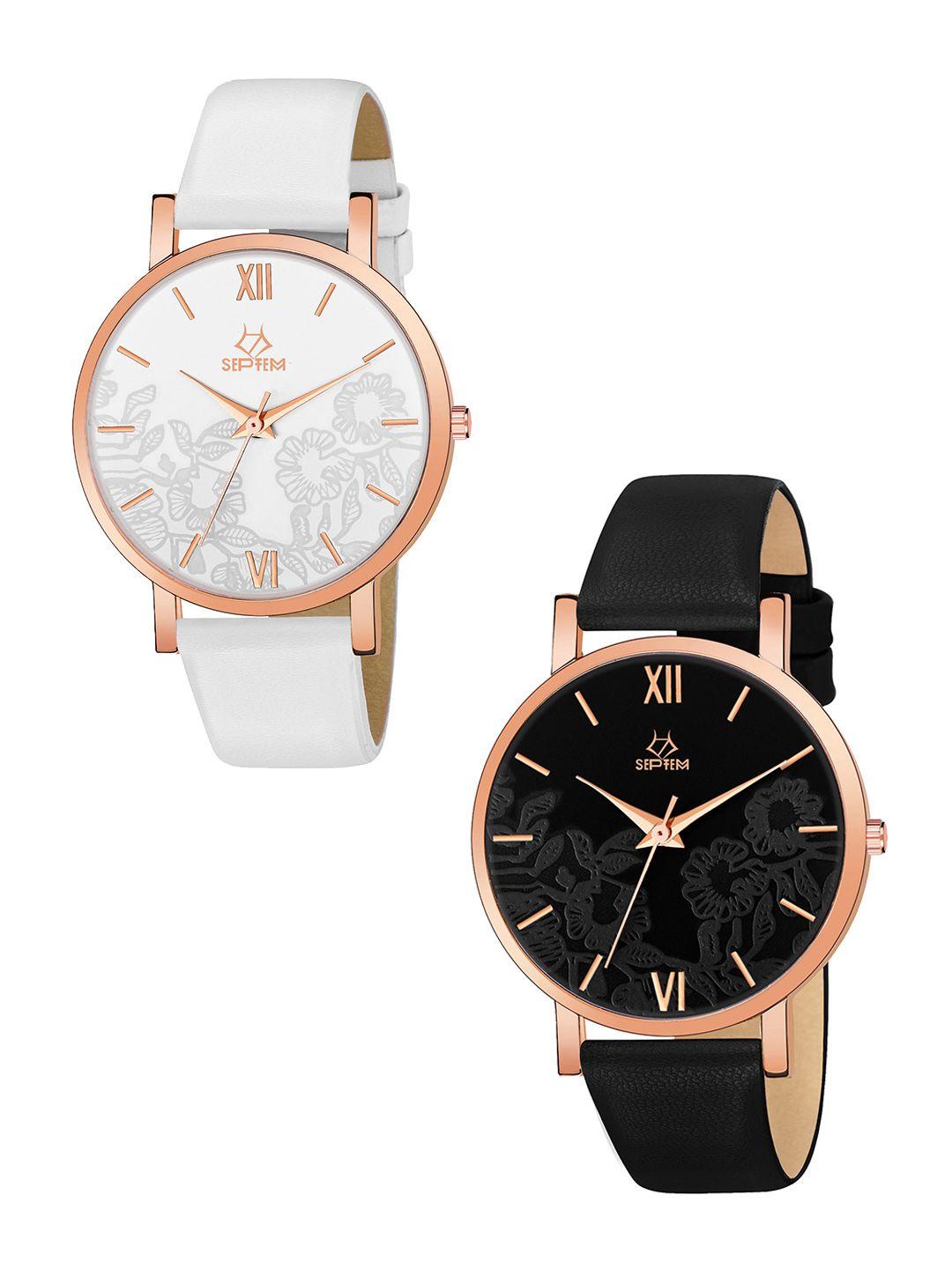 septem women set of 2 leather straps analogue watch sp-118.black-white-septem