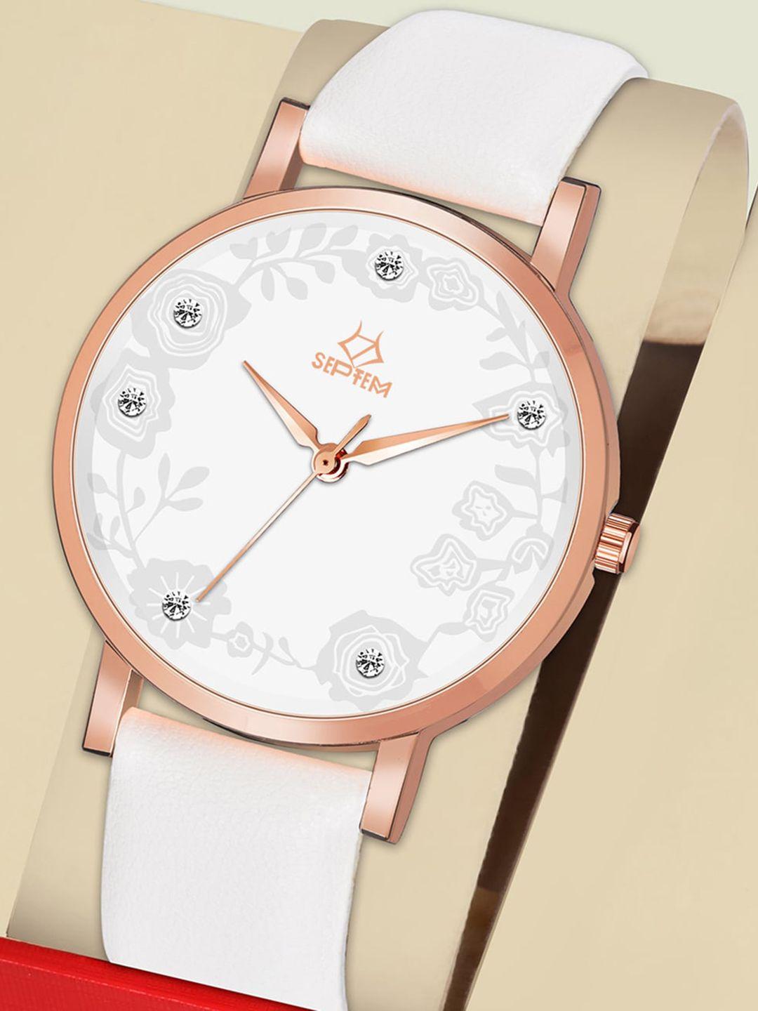 septem women white dial & white leather bracelet style straps analogue watch