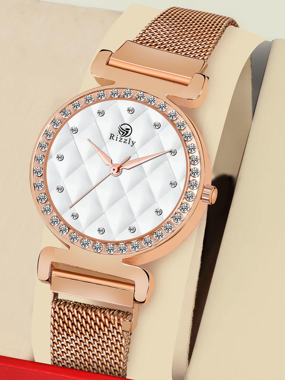 septem women white embellished dial & rose gold toned stainless steel bracelet style straps analogue watch