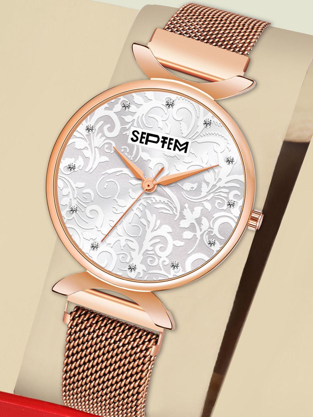 septem women white embellished dial & rose gold toned stainless steel bracelet style straps analogue watch