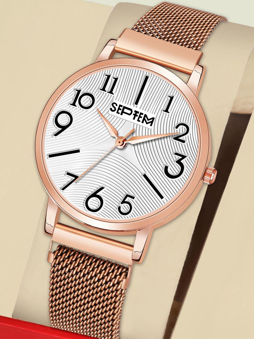 septem women white printed dial & rose gold toned stainless steel bracelet style straps analogue watch