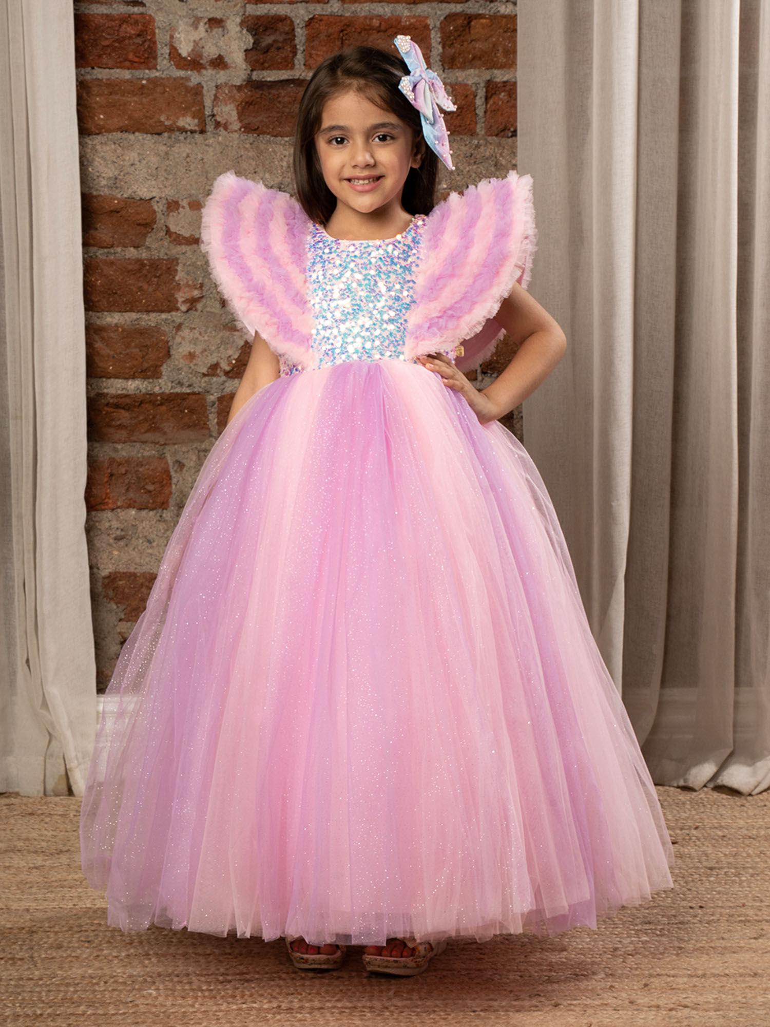 sequin body angel sleeves fit and flare ball gown for girls-baby pink