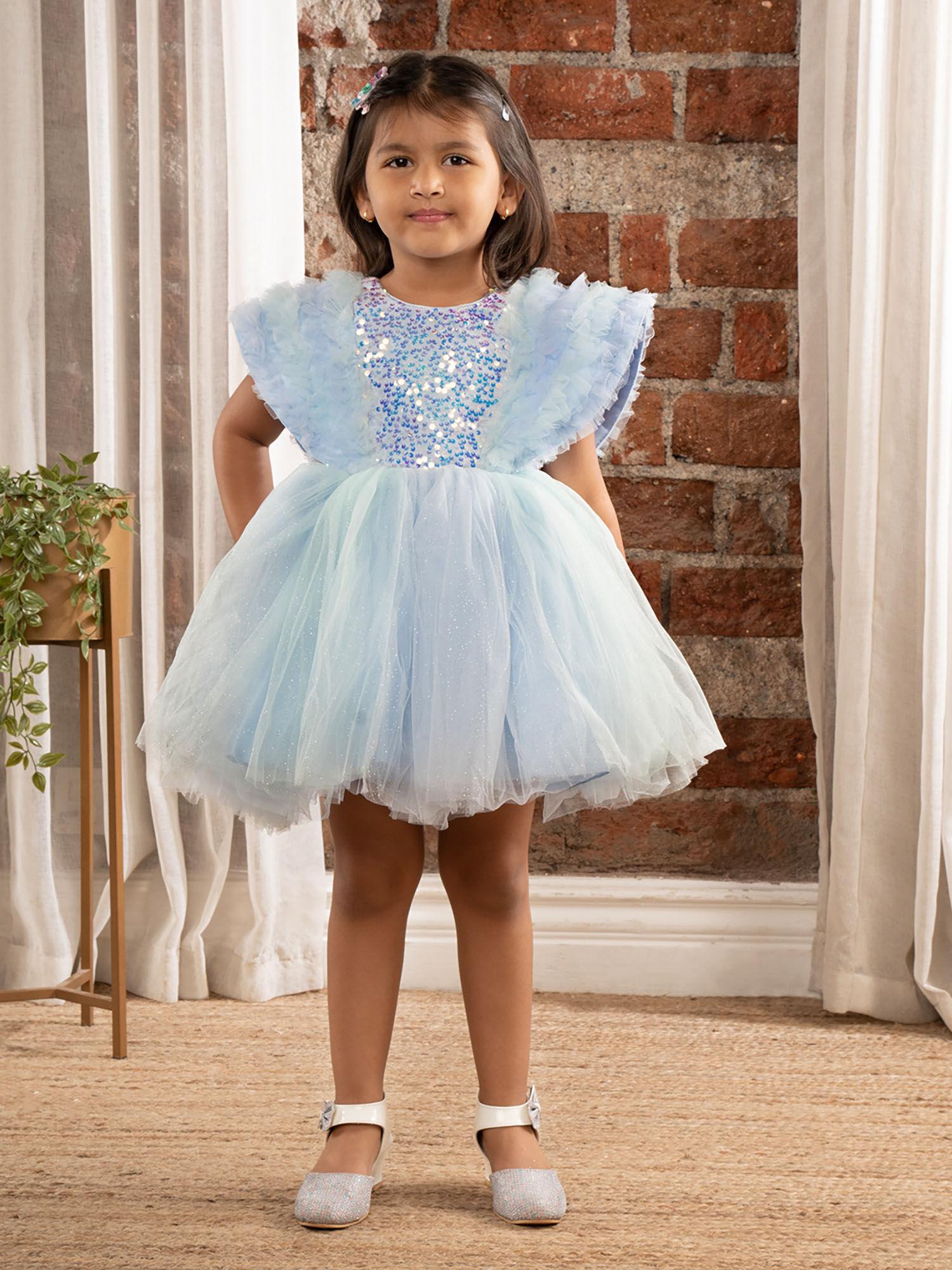 sequin body and cap angel sleeves fit & flare frock for girls-sky blue