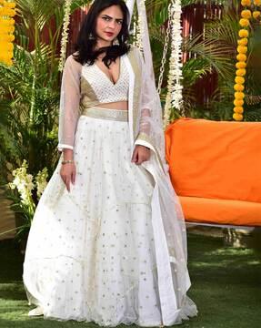 sequin embellished cream & gold cascade lehenga set