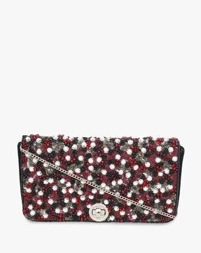 sequin embellished fold-over clutch with chain strap