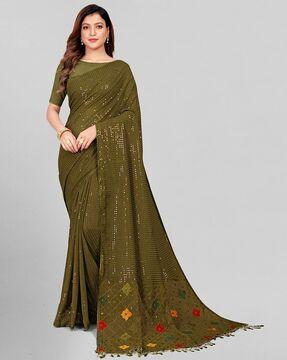 sequin embellished georgette saree with tassels