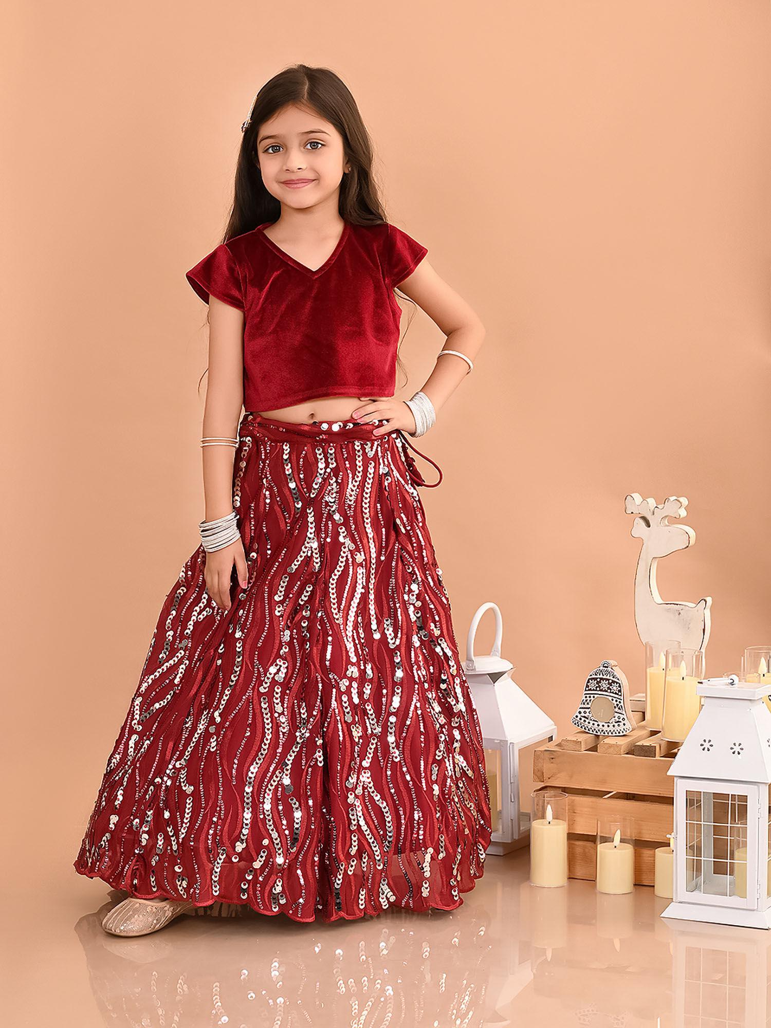sequin embellished ready to wear partywear lehenga choli - maroon (set of 2)