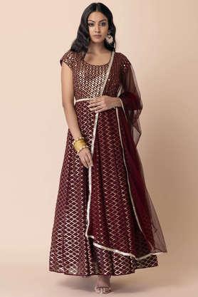 sequin embroidered anarkali suit set with churidar and dupatta - maroon