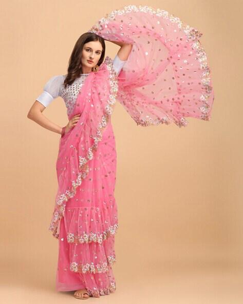 sequin embroidered ruffled saree with border