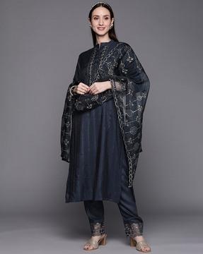 sequin embroidered straight kurta with pants & dupatta